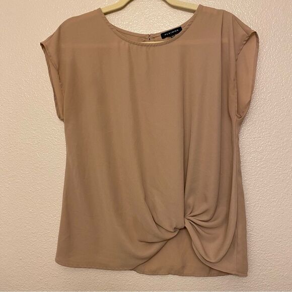 Pleione Twisted knot Hem Hi-Low Top beige tan semi sheer crew neck blouse S - Picture 1 of 8